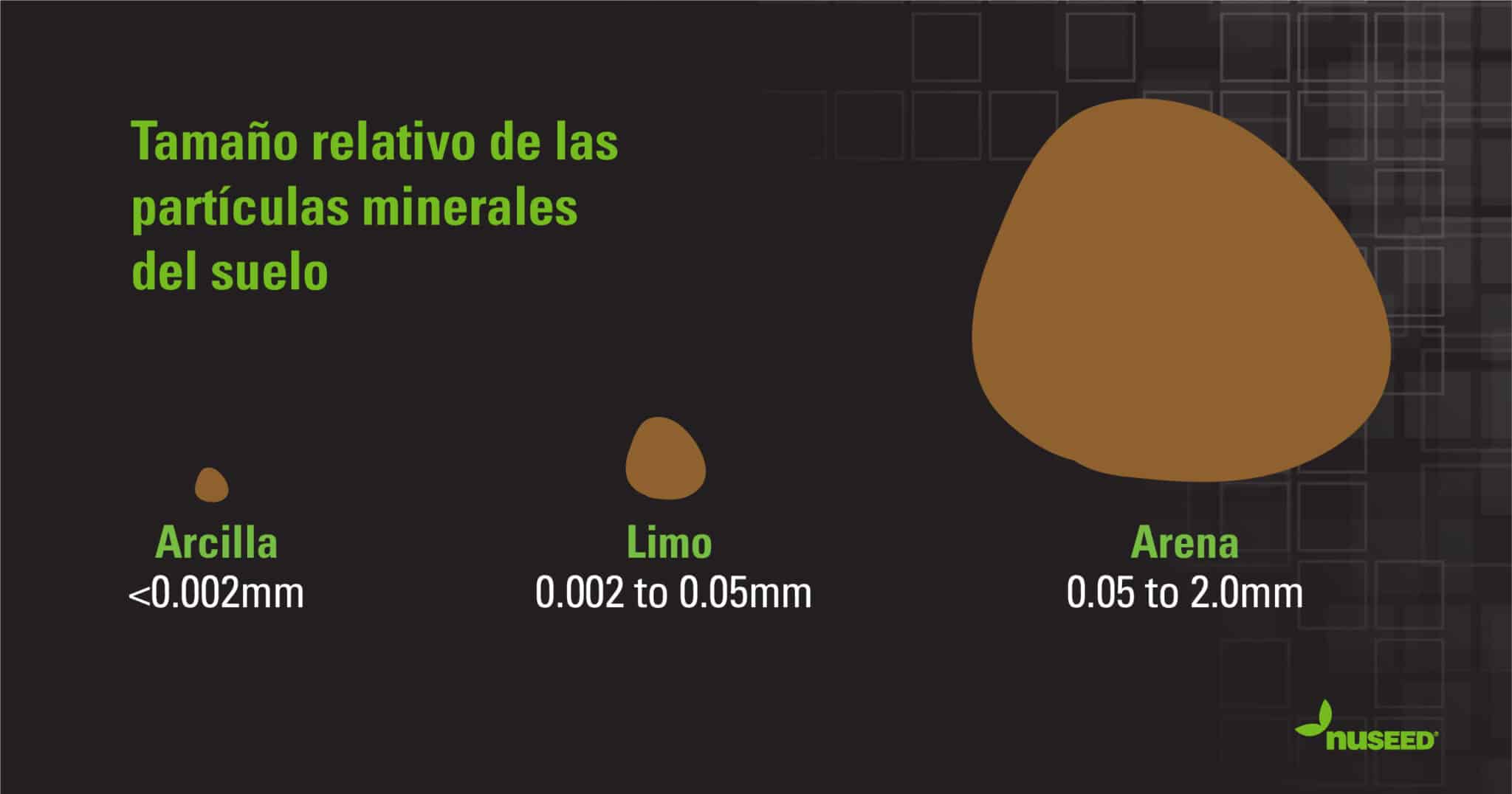 Las partículas de arcilla suelen tener un diámetro inferior a 0,002 mm, las de limo tienen entre 0,002 y 0,05 mm de diámetro, y las de arena oscilan entre los 0,05 y los 2,0 mm